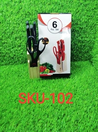 0102 Kitchen Knife Set with Wooden Block and Scissors (5 pcs, Black)