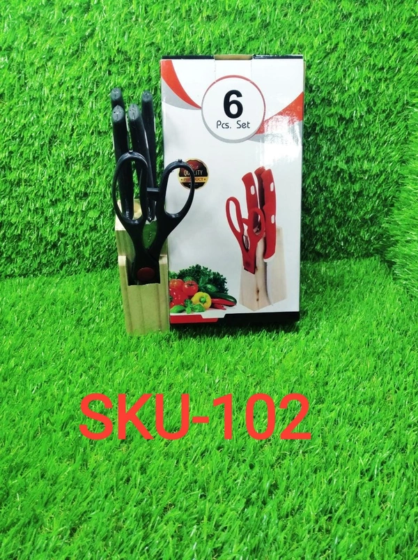 0102 Kitchen Knife Set with Wooden Block and Scissors (5 pcs, Black)