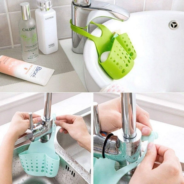 0762 Adjustable Kitchen Bathroom Water Drainage Plastic Basket/Bag with Faucet Sink Caddy
