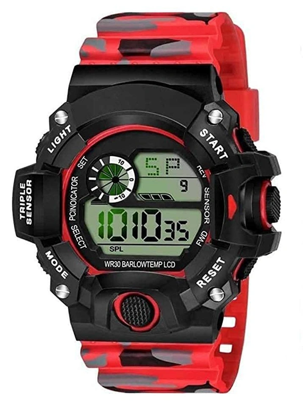 MVS Multi-Functional Digital Sports Watch for Boys & Men with Alarm | Day N Date | Stop Watch | LED Backlight | Shock Resistant | - Red