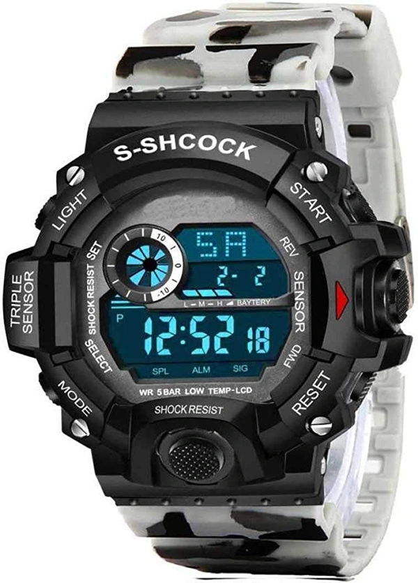 MVS Multi-Functional Digital Sports Watch for Boys & Men with Alarm | Day N Date | Stop Watch | LED Backlight | Shock Resistant | - White