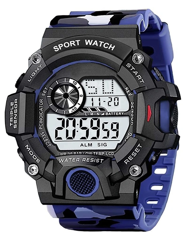 MVS Multi-Functional Digital Sports Watch for Boys & Men with Alarm | Day N Date | Stop Watch | LED Backlight | Shock Resistant | - Blue