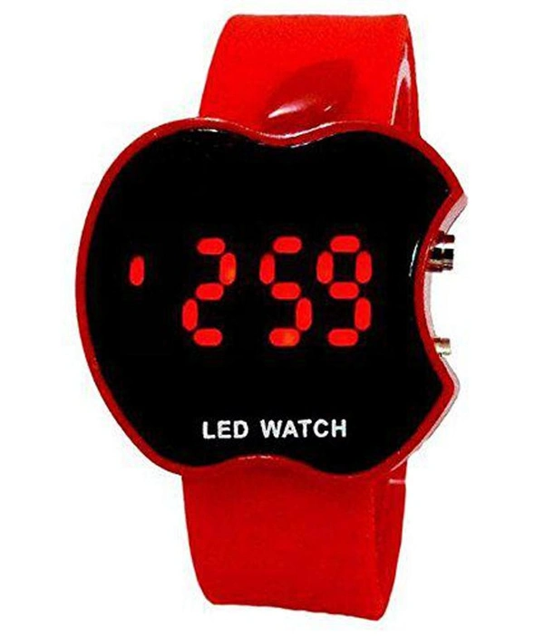 MVS Trendy Unisex Black Rubber Digital Watch- Apple Shape - Red