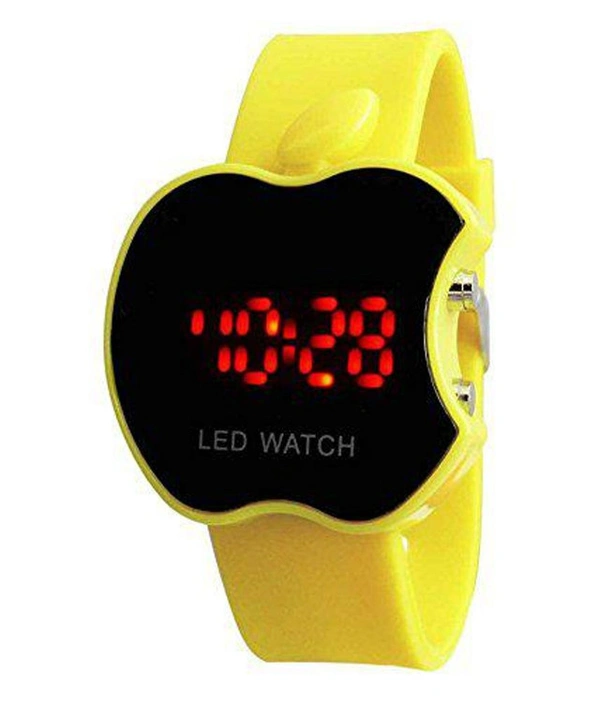 MVS Trendy Unisex Black Rubber Digital Watch- Apple Shape - Yellow