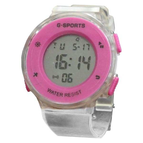 MVS Fashionable Round LED Sports Digital  Watch With Back-Lite/Stopwatch/Alarm For Men  - Pink