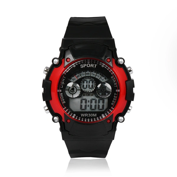 MVS Digital Sports Watch with 7 Lights, 12/24 Hrs Format, Back Light, Day & Date for Boys/Girls - Red, Free