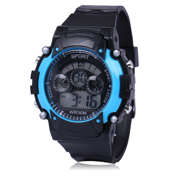 MVS Digital Sports Watch with 7 Lights, 12/24 Hrs Format, Back Light, Day & Date for Boys/Girls - Sky, Free