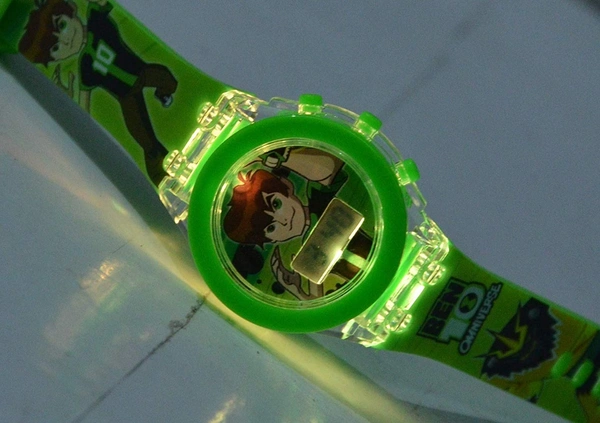 MVS Classic Kids BEN 10 Unisex Watch With 7 Colors Fleshing Lights  - Green, Free