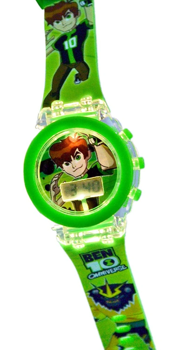 MVS Classic Kids BEN 10 Unisex Watch With 7 Colors Fleshing Lights  - Green, Free