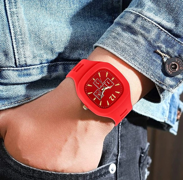 MVS  MVS Square Multi Dial Analog Silicon Strap Stylish Designer Analog Watch - for Boys - Red