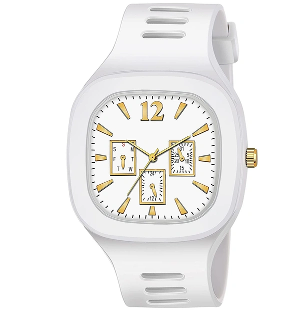 MVS Square Multi Dial  Analog Silicon Strap Stylish Designer Analog Watch - for Boys - White