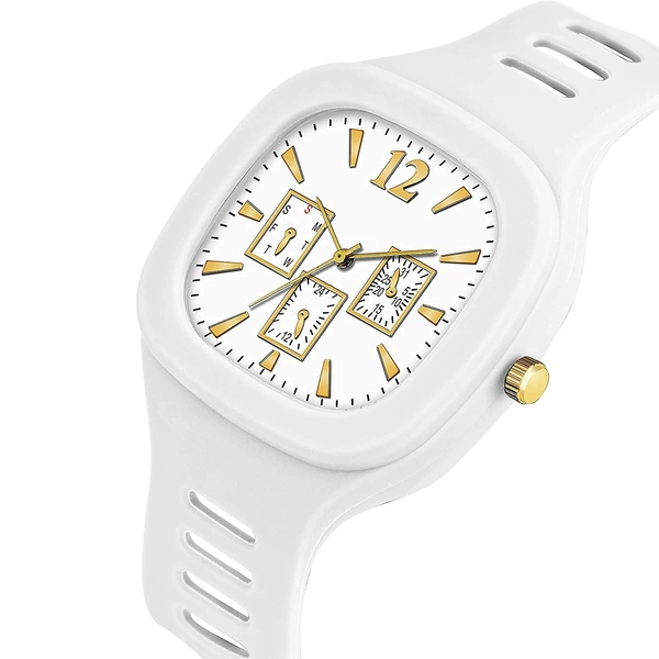 MVS Square Multi Dial  Analog Silicon Strap Stylish Designer Analog Watch - for Boys - White