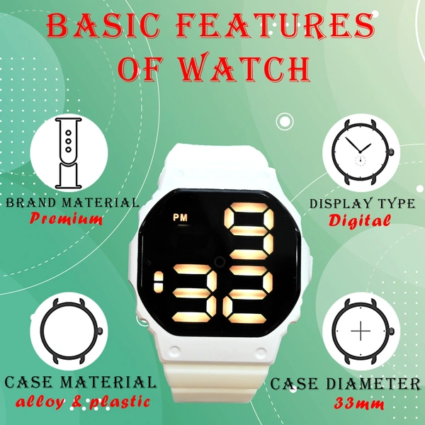 MVS Fashionable Octagon Digital Unisex Watch with Large Digits - White