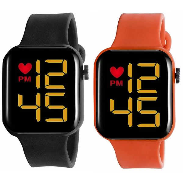 MVS LED Square Digital Watch for Girls/Boys Combo Of ( 2 Pack ) - Black & Orange