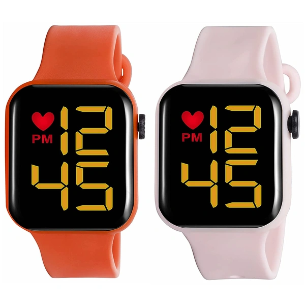 MVS LED Square Digital Watch for Girls/Boys Combo Of ( 2 Pack ) - Orange & Peach