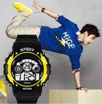 MVS 12/24 Hrs Format Digital Time Day and Date Stop Watch and Back Light - Yellow, Free, 150