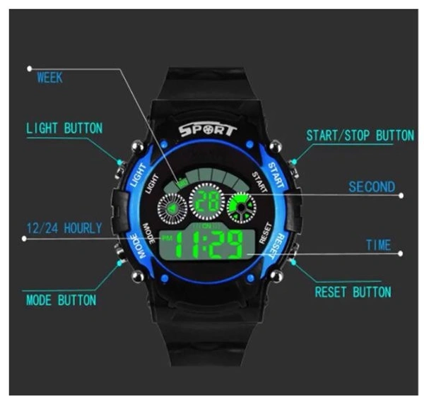 MVS 12/24 Hrs Format Digital Time Day and Date Stop Watch and Back Light - Black, Free, 200
