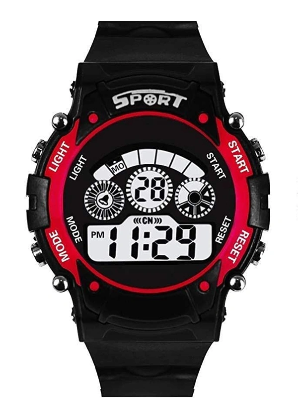MVS Digital Sports Watch with 7 Lights, Alarm, Stop Watch, 12/24 Hrs Format, Back Light, Day & Date for Boys/Girls - Red, Free, 150