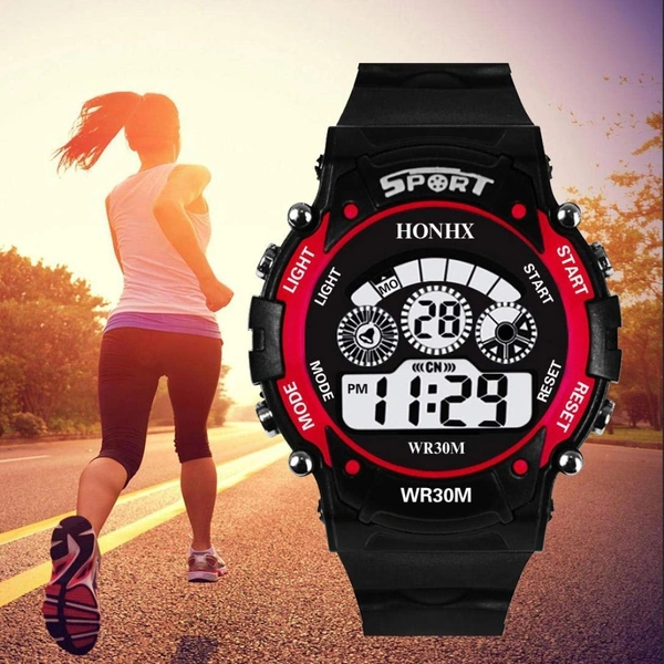 MVS Digital Sports Watch with 7 Lights, Alarm, Stop Watch, 12/24 Hrs Format, Back Light, Day & Date for Boys/Girls - Red, Free, 150
