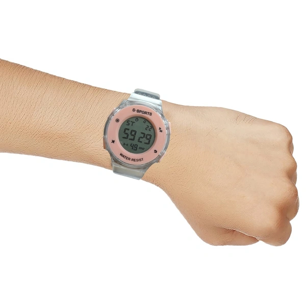 MVS Fashionable Round LED Sports Digital  Watch With Back-Lite/Stopwatch/Alarm For Men  - Peach
