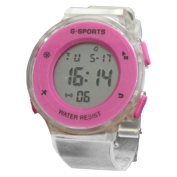 MVS Fashionable Round LED Sports Digital  Watch With Back-Lite/Stopwatch/Alarm For Men  - Pink