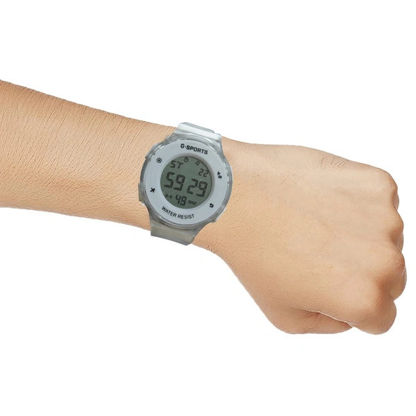 MVS Fashionable Round LED Sports Digital  Watch With Back-Lite/Stopwatch/Alarm For Men  - White