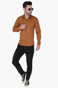 MVS Men's Cotton Blend | Regular Fit | Solid Plain Colors | Formal Shirt | Full Sleeve - Brown, L