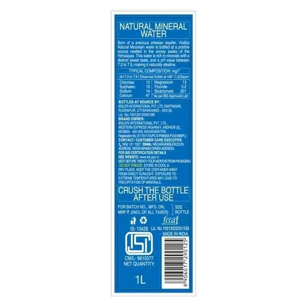 Vedica Water (1Ltr.) [Premium Bisleri Product] - 12 Bottles