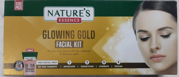 NATURE'S ESSENCE GLOWING GOLD FACIAL KIT WITH DE-TAN THERAPY WIPE OFF MASK - 3 USE