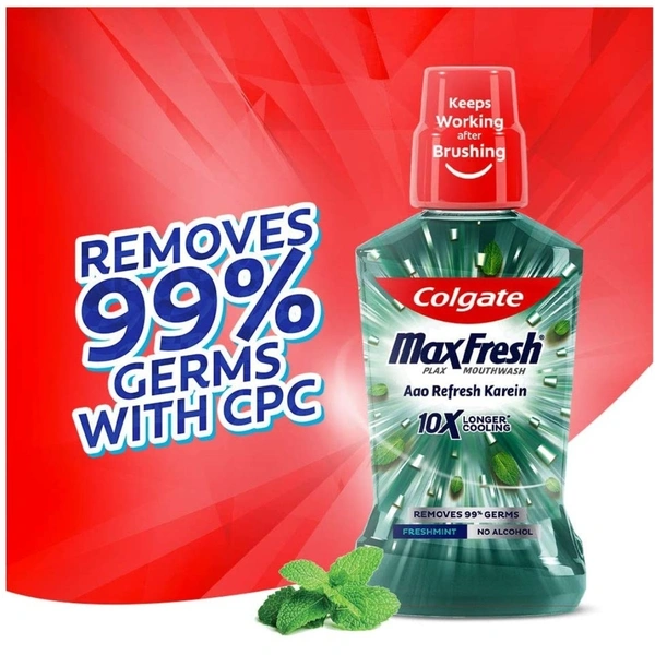 Colgate MaxFresh Plax Antibacterial Mouthwash, 500ml, Fresh Mint, 24/7 Fresh Breath, 10X longer cooling  - 01/23, 500ML