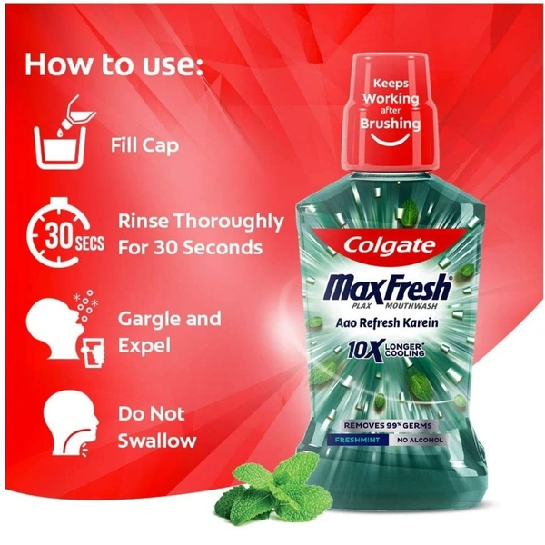 Colgate MaxFresh Plax Antibacterial Mouthwash, 500ml, Fresh Mint, 24/7 Fresh Breath, 10X longer cooling  - 01/23, 500ML