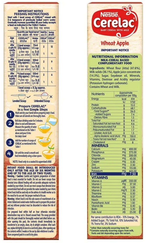 Nestle's Cerelac Baby Cereal with Milk, Wheat Apple – From 6 Months - 300GM, SEPTEMBER 2022