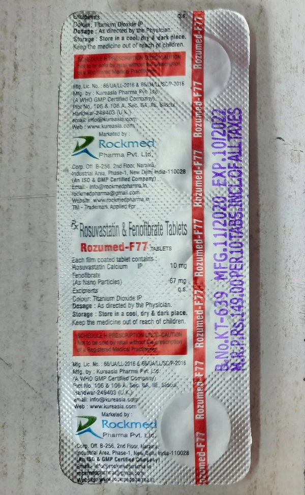 ROSUVASTATIN 10MG + FENOFIBRATE 67MG - 10/2022, 1×10 TABLETS