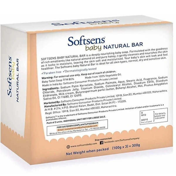 SOFTSENS BABY NATURAL BAR (SOAP) WITH ALMONDS AND HONEY - 100GM
