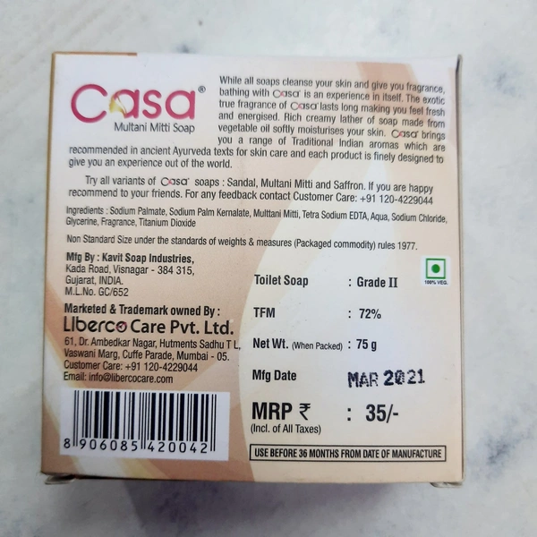 CASA MULTANI MITTI SOAP FOR OIL FREE SKIN  - 75GM
