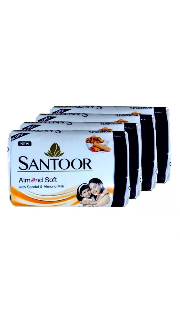Santoor Almond Soft Bathing Bar, Sandal & Almond Milk, 184g Combo Pack (4Pcs * 46g)