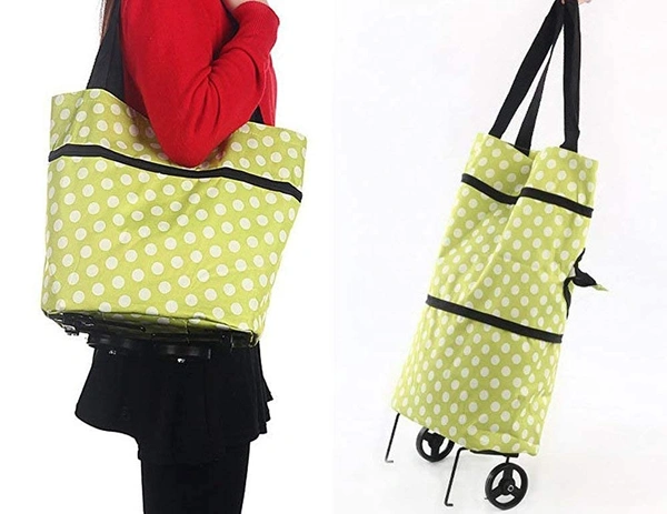 Shoping Folding Bag with wheels ,  light weight easy to carry Pack of 1 (random Print)