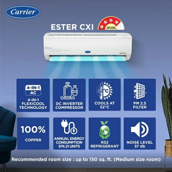 CARRIER Flexicool Convertible 4-in-1 Cooling 1.5 Ton 4 Star Split Inverter Dual Filtration