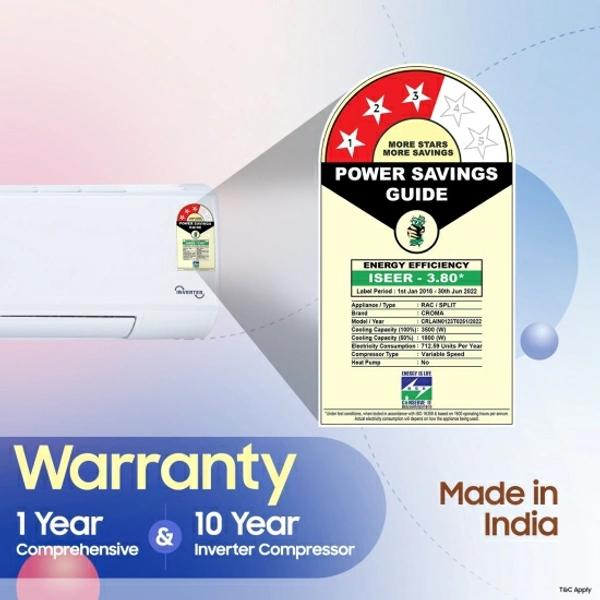 Croma 1 Ton 3 Star Split Inverter AC  - White