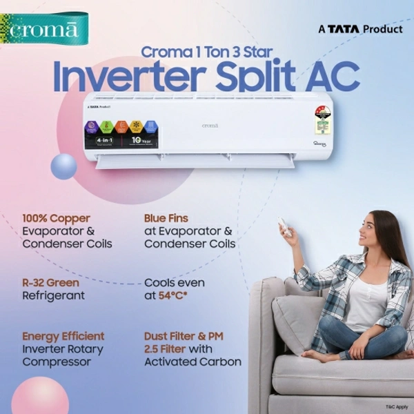 Croma 1 Ton 3 Star Split Inverter AC  - White