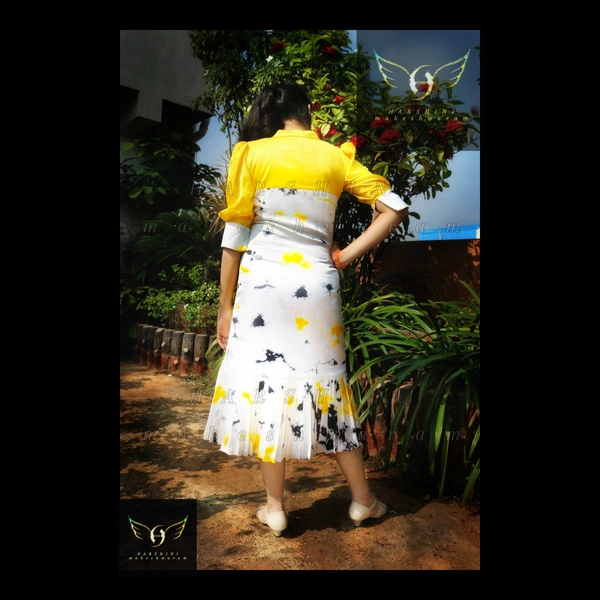 Women's Printed Crepe Dress - S(chest35"), yellow-white-black