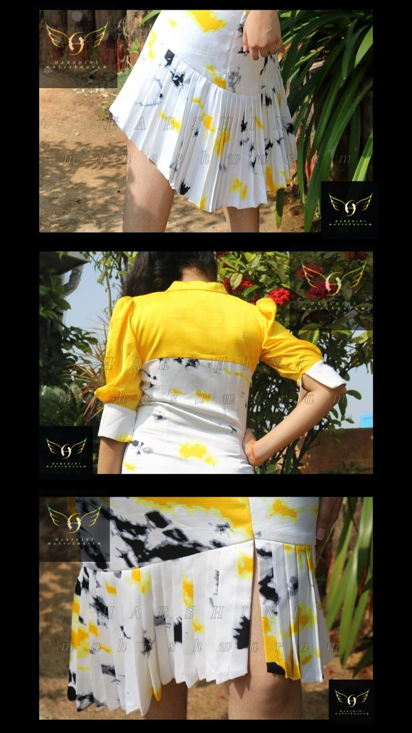 Women's Printed Crepe Dress - S(chest35"), yellow-white-black
