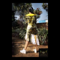 Women's Printed Crepe Dress - S(chest35"), yellow-white-black