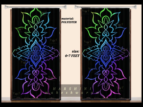 CURTAINS SET OF 2- Floral Mandala Art- By Harshini Maheshwaram - Black, 4×7 FEET