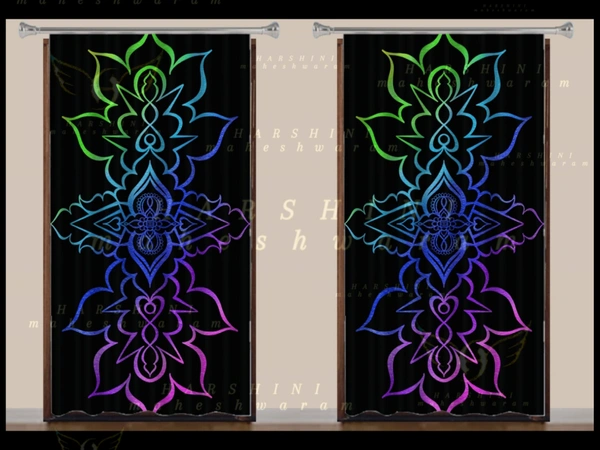 CURTAINS SET OF 2- Floral Mandala Art- By Harshini Maheshwaram - Black, 4×7 FEET
