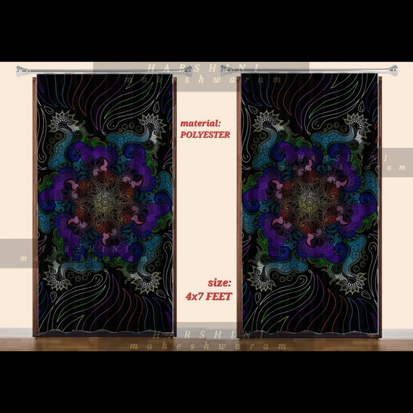 CURTAINS SET OF 2- Floral Mandala Art- By Harshini Maheshwaram - Black, 4x7 feet