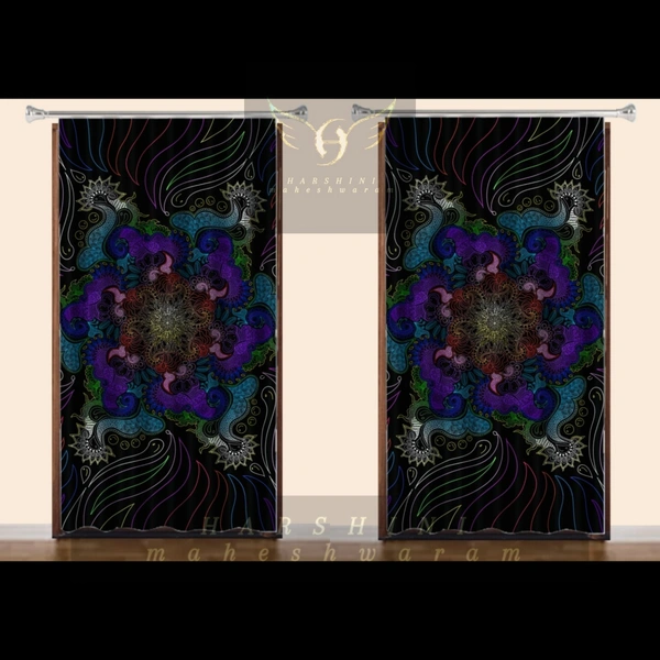 CURTAINS SET OF 2- Floral Mandala Art- By Harshini Maheshwaram - Black, 4x7 feet