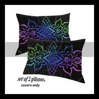 COMBO- 1 CURTAIN AND 4 CUSHION COVERS- Floral Mandala Art- By Harshini Maheshwaram - Black, (4×7Feet Curtain)(17"×27"Pillow)