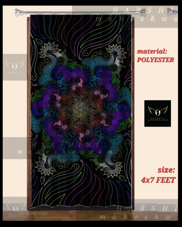 COMBO- 1 CURTAIN AND 4 CUSHION COVERS- Floral Mandala Art- By Harshini Maheshwaram - Black, (4×7Feet Curtain)(17"×27"Pillow)