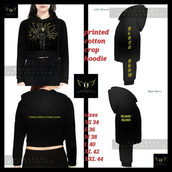 PRINTED FULL SLEEVES CROP HOODIE - Black Adam Art- By Harshini Maheshwaram - Black, XL-42